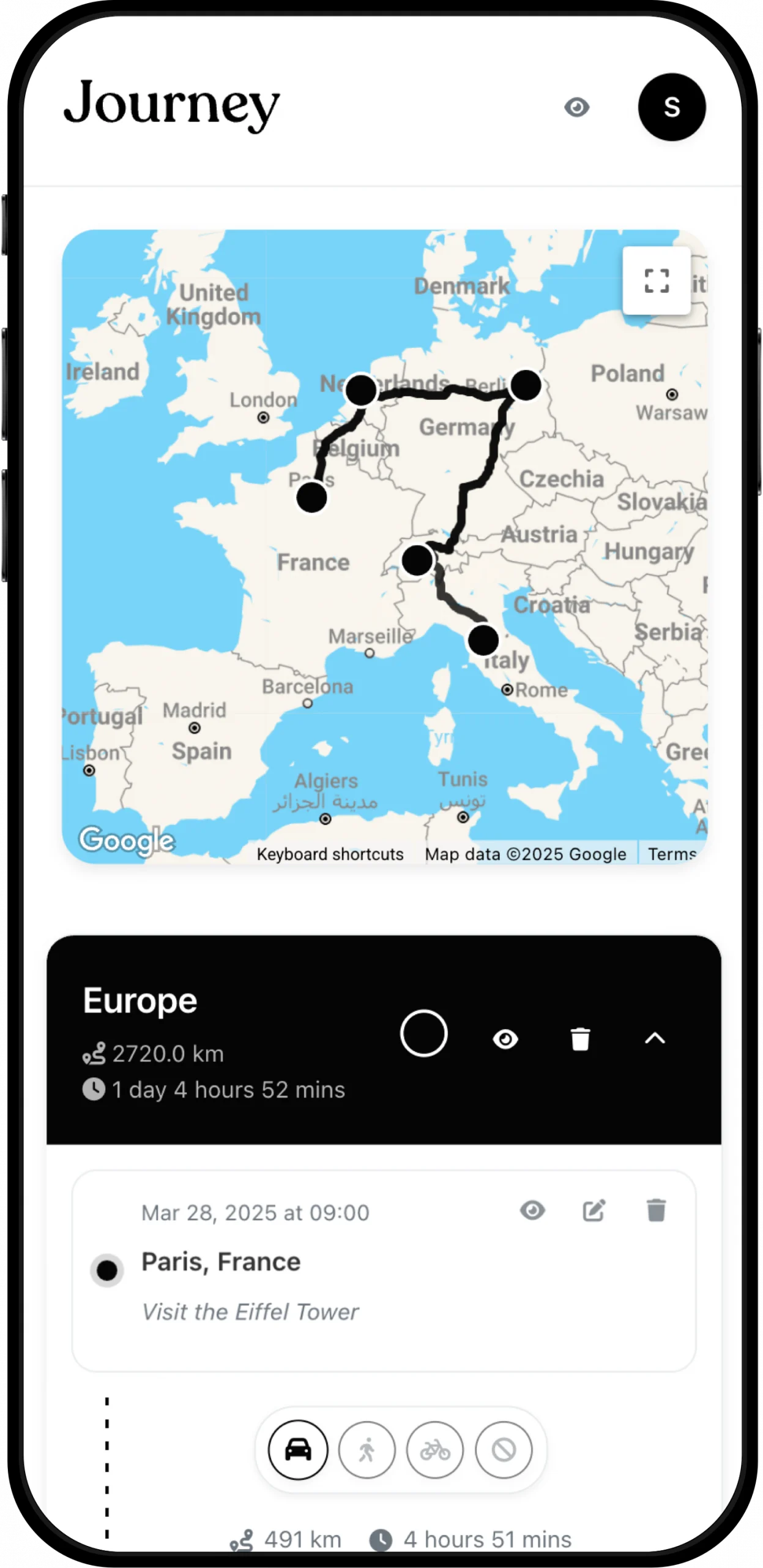 Journey app map view showing trip destinations pinned across Europe with route lines