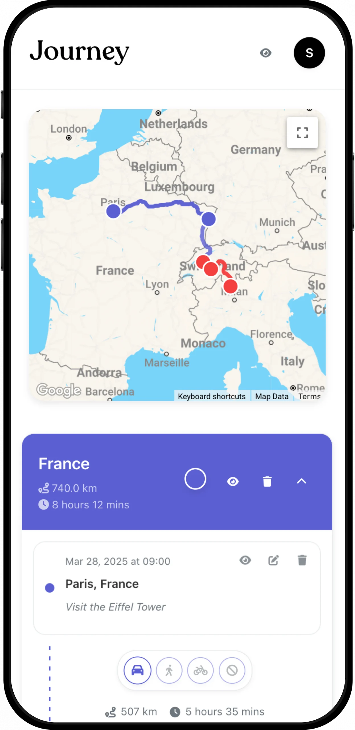 Color-coded itinerary sections displayed on the interactive trip map organized by region