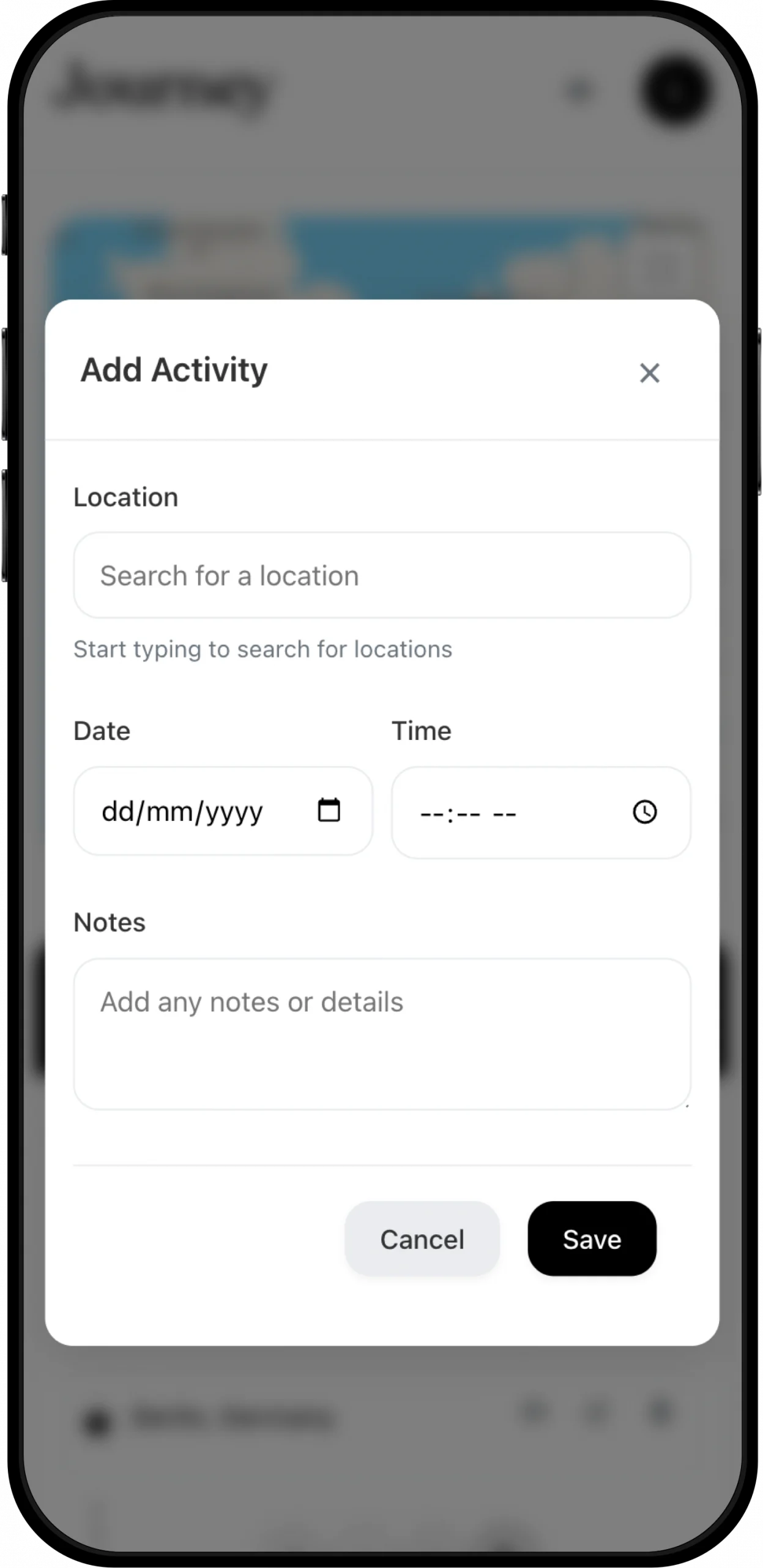 Activity form in Journey app for adding locations, dates, and notes to your travel itinerary