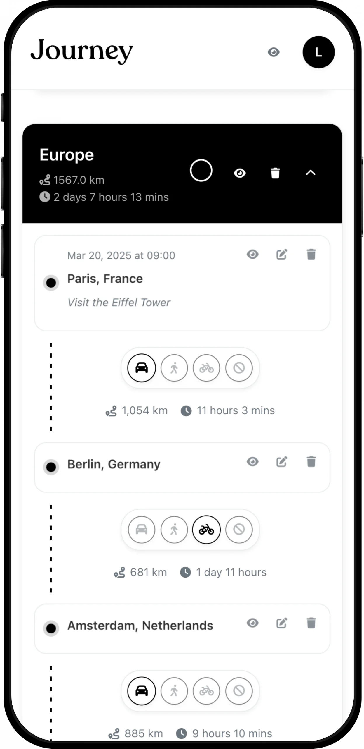 Route planning feature showing transport mode selection between trip activities