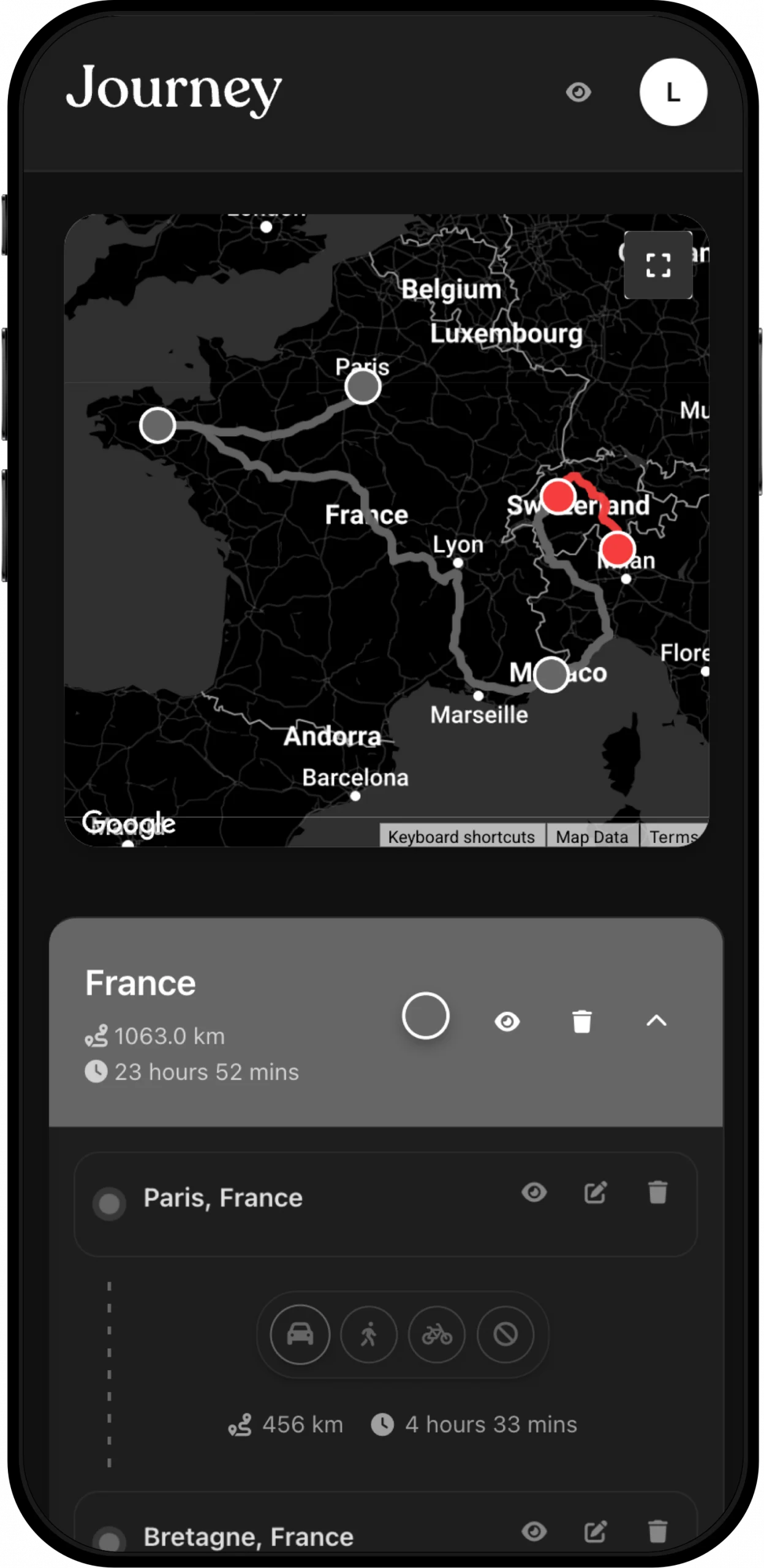 Journey travel planner dark mode interface for comfortable nighttime trip planning